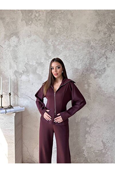 HOPIAN Kadın Bordo Fermuarlı Yarasa Kol Crop Sweatshirt