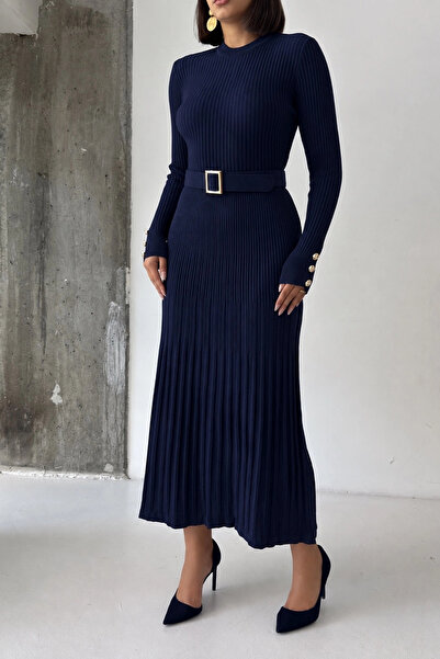 Lusin Women's Navy Blue Stylish Belted and Cuff Button Detailed Long Knit Dress