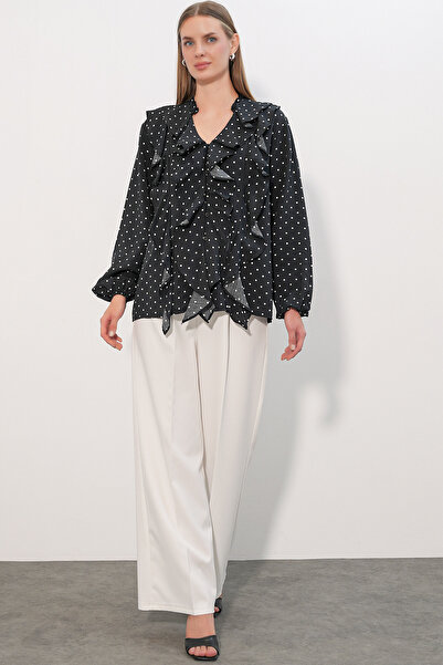 Modamorfo Women's Ruffle Detailed Long Sleeve Polka Dot Shirt 40031 - A.Black