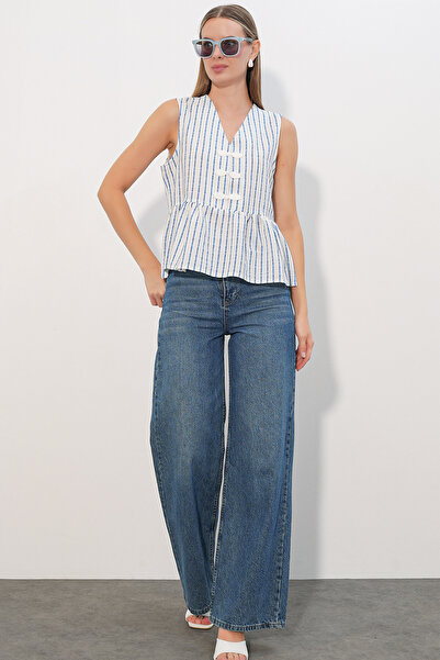 Modamorfo Women's Button Detailed Striped Blouse 40037 - Blue