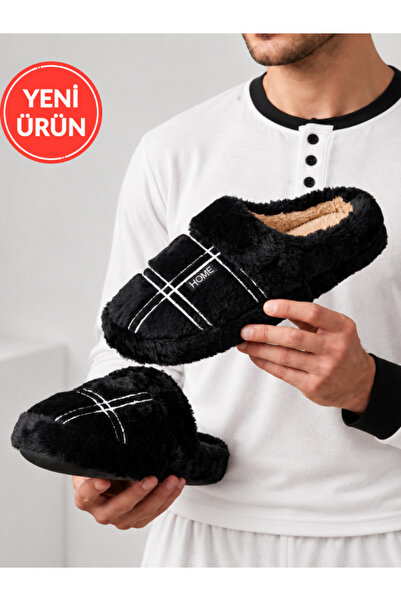 STOCON Men's Plaid Patterned Plush Gondola House Slippers Winter Closed-Toe F...