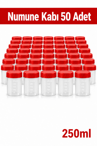 ByKurt Numune Kabı Ölçekli Şeffaf Gövdeli Kırmızı Vidalı Kapaklı 250 ml 50 Adet