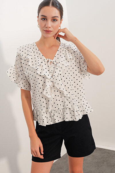 Modamorfo Women's Short Sleeve Ruffle Blouse 40032 - White