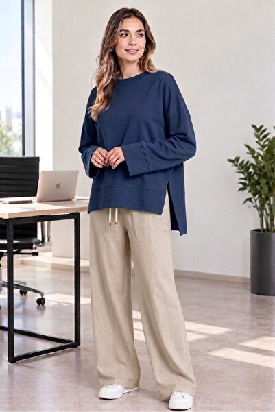 Soul Tunic Blouse with Basic Side Slits and Detailing in Dark Blue
