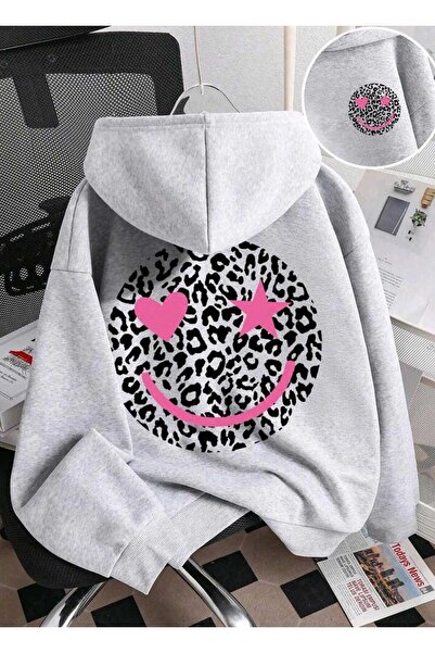 WESTWARD Leopard Smiling Face Printed Oversize Unisex Hooded Sweatshirt