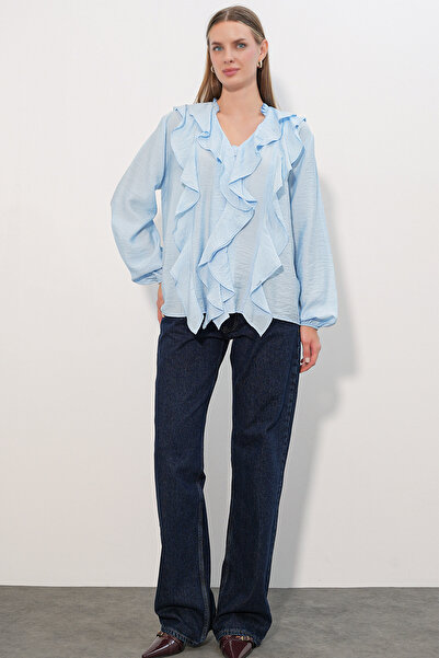 Modamorfo Women's Ruffle Detailed Long Sleeve Shirt 40031 - Blue