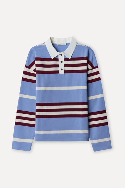 Mudo Women's Blue Striped Polo Collar Sweatshirt