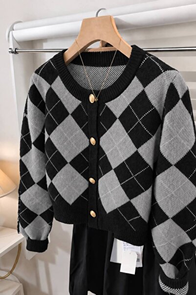 Lintersia Women's Black-Grey Diamond Patterned Buttoned Knitwear Cardigan