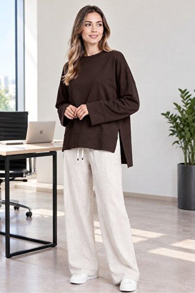 Soul Tunic Blouse with Basic Side Slits and Detailing in Brown