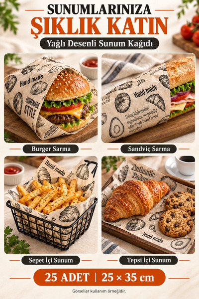 OPTİMEX Yağ Geçirmez Desenli Sunum Kağıdı 25 Adet 25x35 cm Hamburger Sandviç ve Tepsi Kağıdı