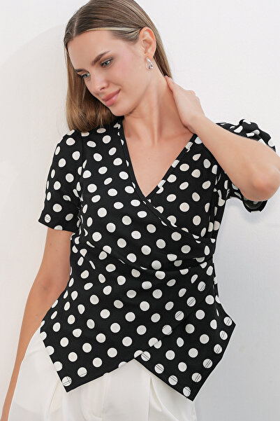 Modamorfo Women's Double-Breasted Collar Polka Dot Blouse 40027 - Black