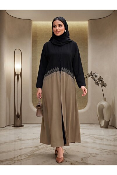 FULLJOY عباية طويلة ذات أناقة عصرية ولمسات احترافية بأكمام طويلة ,أسود-بني