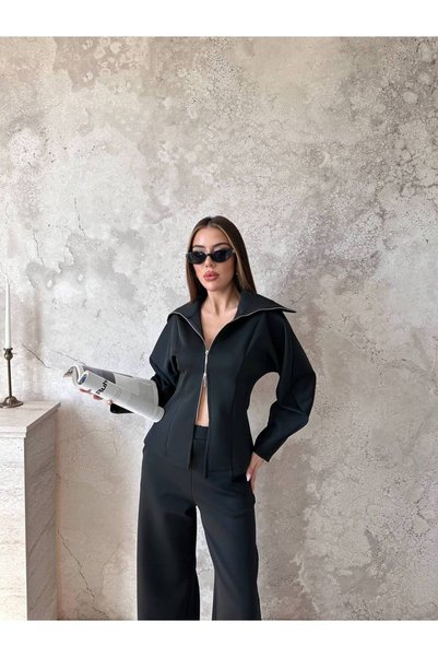 Kadın Siyah Yarım Fermuarlı Dik Yaka Crop Sweatshirt