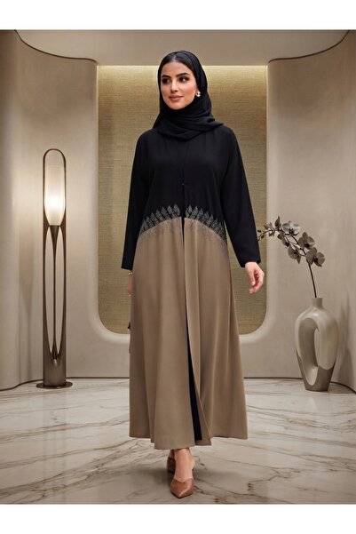 FULLJOY عباية طويلة ذات أناقة عصرية ولمسات احترافية بأكمام طويلة ,أسود-بني