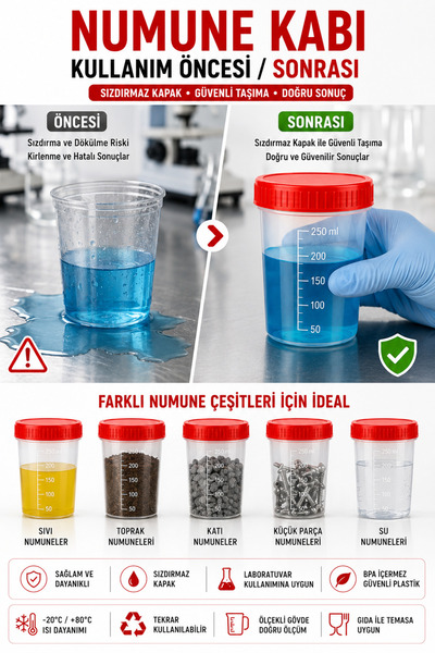 ByKurt Numune Kabı Ölçekli Şeffaf Gövdeli Kırmızı Vidalı Kapaklı 250 ml 50 Adet