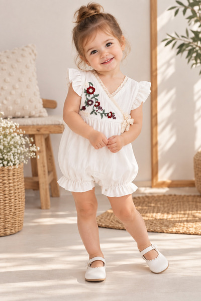İŞLERKİDS Baby Girl Floral Embroidered Ruffle Sleeve Double Breasted Romper J...