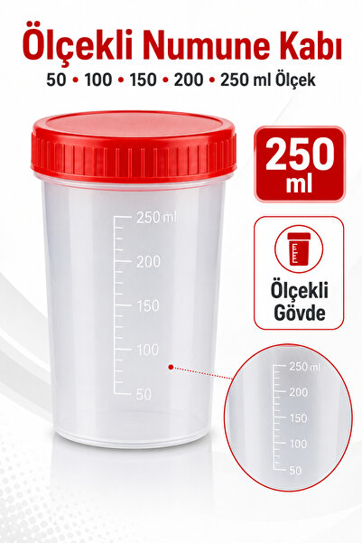 ByKurt Numune Kabı Ölçekli Şeffaf Gövdeli Kırmızı Vidalı Kapaklı 250 ml 200 Adet