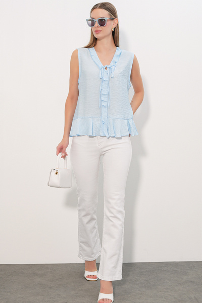 Modamorfo Women's V-Neck Ruffle Shirt with Tie Detail 40033 - Blue
