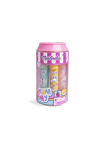 Martinelia Set de 3 balsamuri de buze hidratante pentru copii, cu aromă de fructe, ambalaj tip pahar de suc.