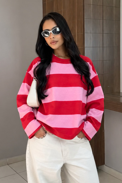 Bipantolon Kadın Kırmızı Pembe Çizgili Bisiklet Yaka Oversize Sweatshirt