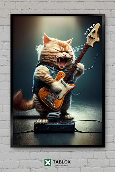 TABLOX Poster muzical Rock N Roll Cool Cat Cat, tablou decorativ drăguț înrăm...