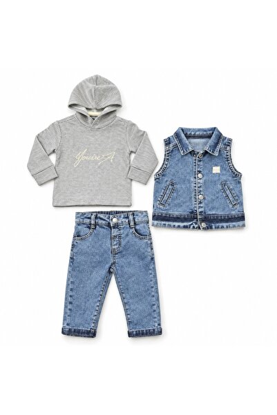 Pure Boutique Compleu baieti 3 piese cu blugi albastri vesta denim si hanorac gri cu gluga