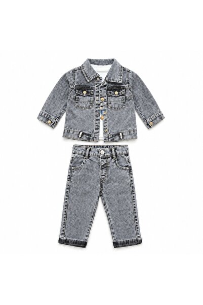 Pure Boutique Compleu baieti 3 piese cu blugi gri geaca denim si bluza din bumbac cu imprimeu