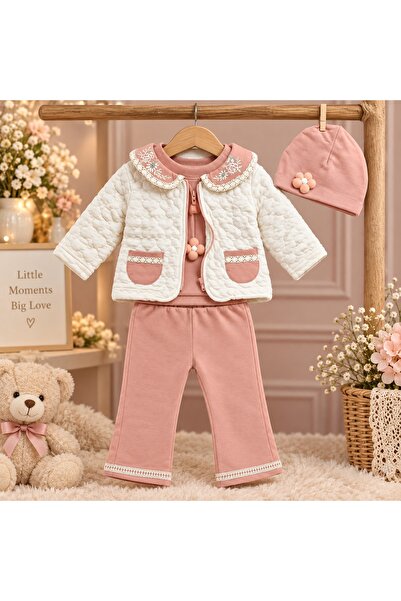Pure Boutique Compleu fetita 4 piese bumbac roz pudrat cu jacheta matlasata si caciulita
