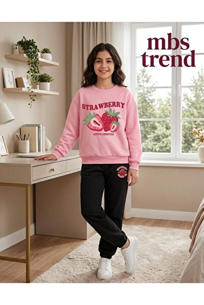 Kids Winter Girls' Pink Strawberry Printed Sweatshirt and Black Two-Piece Set