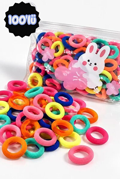 Çantalı 100'lü Floresan Renkli Mini Havlu Lastik Toka Seti - Kız Çocuk Lastikli Saç Tokası Model