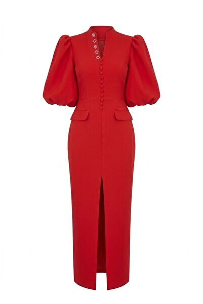 Julidress Stone Buttons and Balloon Sleeve Detail Narrow Cut Design Red Dress