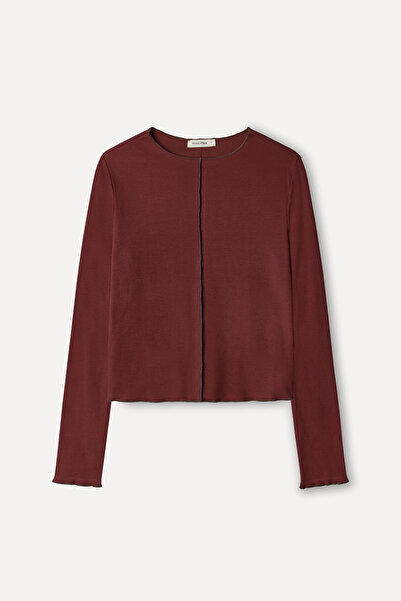 Mudo Women's Brick Red Crew Neck Long Sleeve Blouse