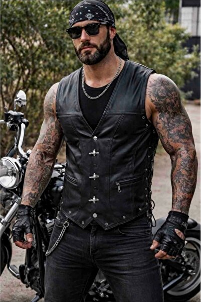 ArdaStilDeri Hakiki Deri Chopper Clup Motorcu Deri Yelek