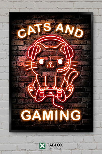 TABLOX Αφίσα με γάτες και gaming, Χαριτωμένος κορνιζαρισμένος διακοσμητικός π...
