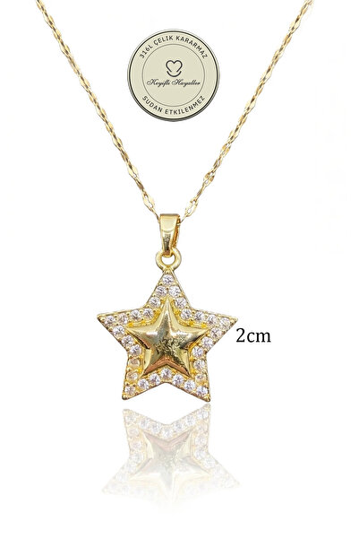 Keyifli Hayaller Çelik Kolye - 2cm Yıldız Dudak Zincir 316L Çelik Kolye Kararmaz Solmaz 45+5cm