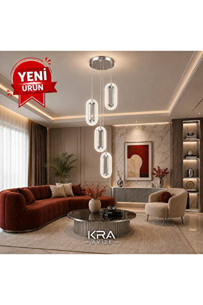 kra avize Liora 4'lü Krom 3 Renk Kumandalı LED Sarkıt Avize Modern Kristal Gö...