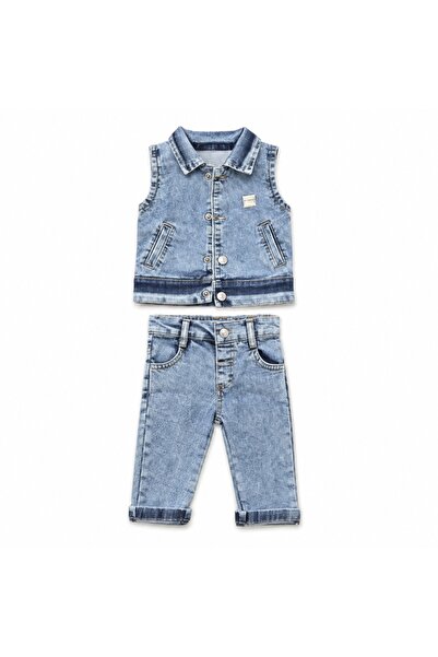Pure Boutique Compleu baieti 3 piese cu blugi albastri vesta denim si hanorac gri cu gluga