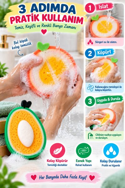 OpenCity 2-Piece Fruit Shaped Bath Sponge Avocado Peach Baby Kids Washing Shower Sponge Soft Sponge Set!