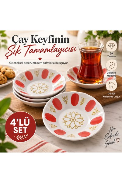 KEA 4’lü Porselen Çay Tabağı Seti Kırmızı Gold Desenli Şık Çay Bardağı Altlığı