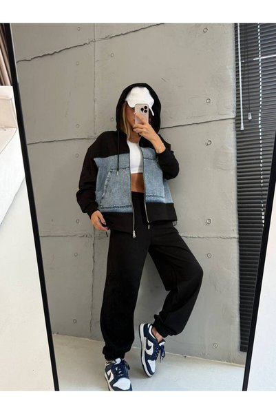 Bella Belluci Women's Quality Jean Detailed Hooded Two-Piece Tracksuit Set