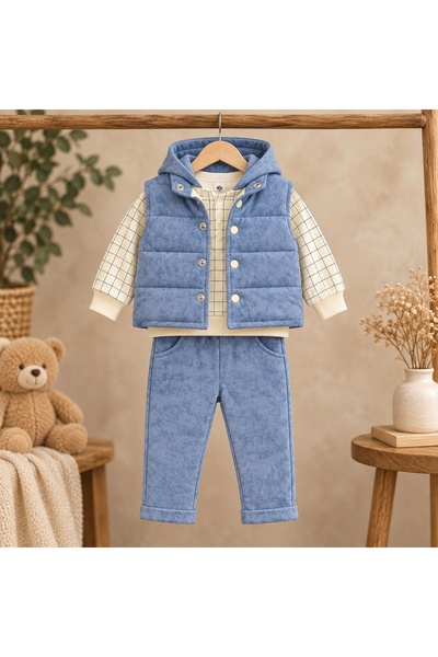 Pure Boutique Compleu baiat 3 piese din bumbac cu vesta matlasata hanorac cu gluga si pantaloni