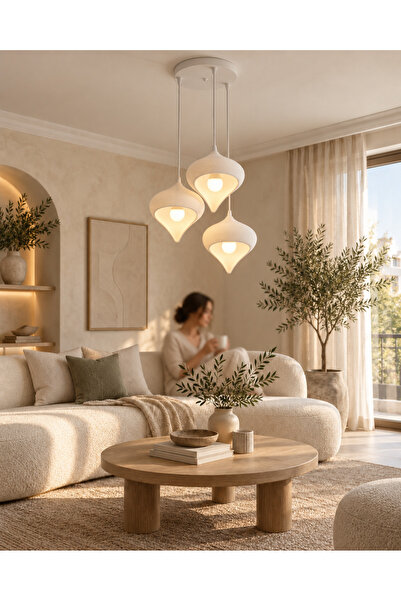 3’lü Sarkıt Avize Beyaz PLA Modern Dekoratif Salon ve Mutfak Aydınlatması