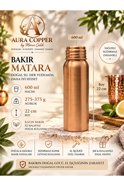 AURA COPPER Kalın Bakır Matara 600 ml – Kalaysız İç Yüzey El Yapımı Su Şişesi...