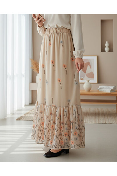 Modamorfo Women's Cream Patterned Chiffon Skirt 8010