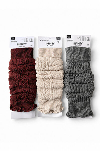 Hakan Collezione 3'lü Set Kadın Örgü Kiremit & Bej & Gri Tozluk – Fitilli Tri...