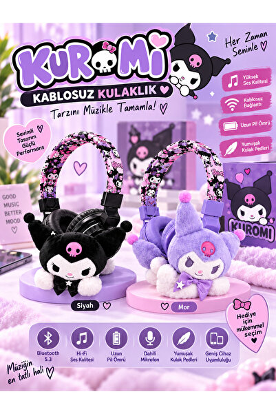 VEROXA Kuromi AH-601Y1 Çocuk Bluetooth Kulaklık Peluş Oyuncaklı Kablosuz Kula...