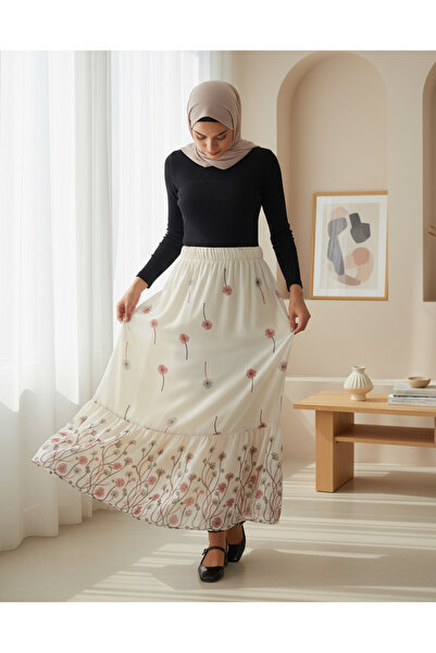Modamorfo Women's Ecru Patterned Chiffon Skirt 8010