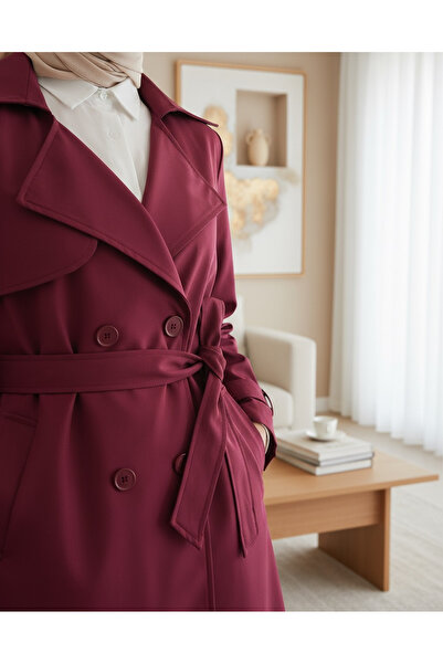 Modamorfo 5918 Double Breasted Collar Trench Coat - Claret Red