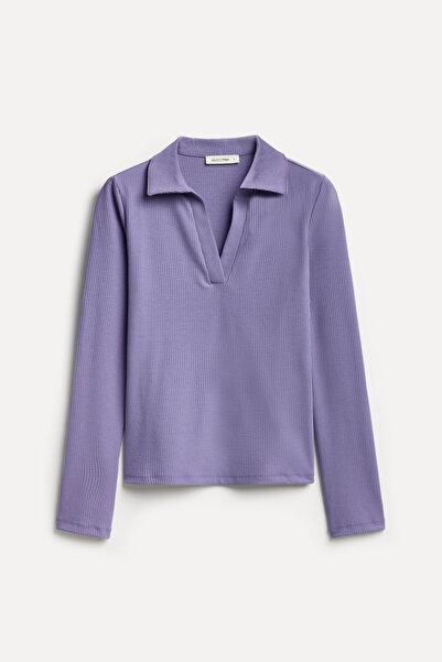 Mudo Women's Purple Fitted Polo Collar Long Sleeve T-Shirt