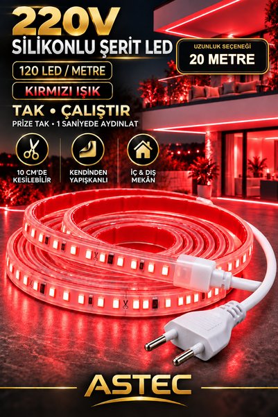 ASTEC Yapışkanlı 20 Metre Kırmızı 220V Silikonlu Şerit LED Yüksek Güç Tak Çal...